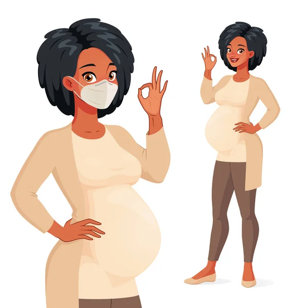 Zdravá černošky těhotná žena v masce ukazuje OK. Vektorový charakter. — Stockový vektor