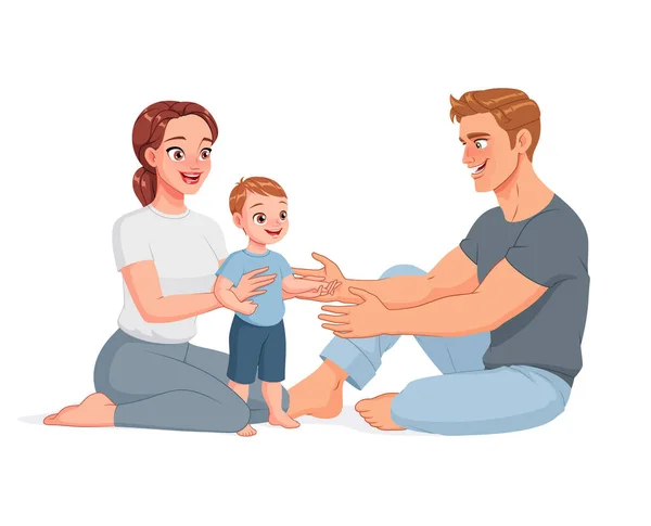 Joyeux famille assise par terre. Illustration vectorielle de bande dessinée. — Image vectorielle