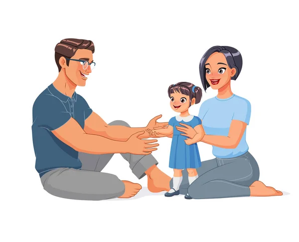 Família feliz sentada no chão. Desenhos animados ilustração vetorial. — Vetor de Stock