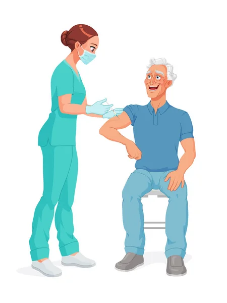 Nurse in mask vaccinating senior patient. Vector illustration. — Stock Vector