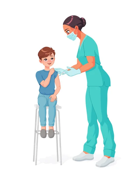 Infirmière masquée vaccinant un jeune enfant. Illustration vectorielle. — Image vectorielle