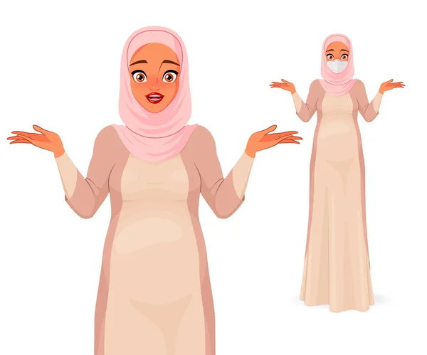 Confused pregnant Muslim woman shrugging shoulders. Vector illustration. — Stock Vector