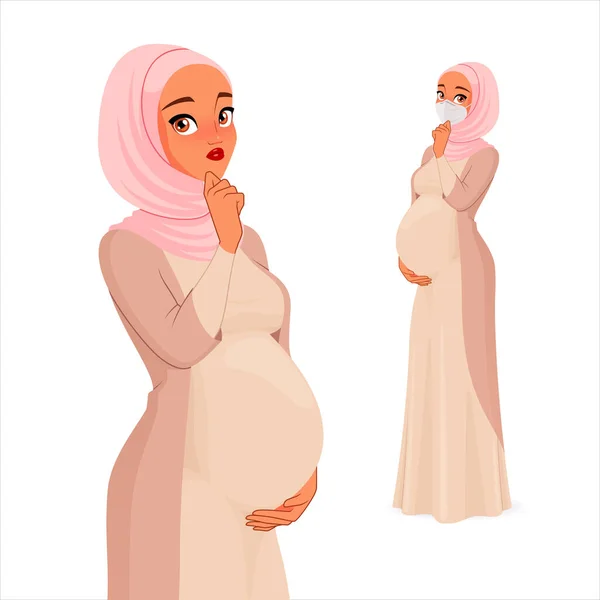 임신 한 무슬림 여성 이 턱에 손을 얹고 있는 것으로 추정되었습니다. 벡터 문자. — 스톡 벡터