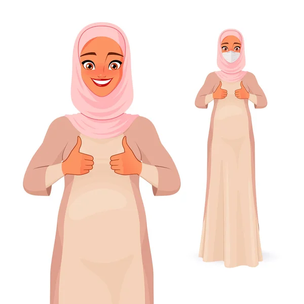Smiling pregnant Muslim woman in mask showing thumbs up. Vector illustration. — Stock Vector