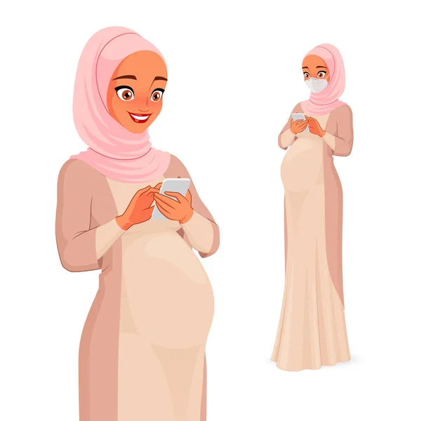 Pregnant Muslim woman using mobile phone. Vector illustration. — Stock Vector