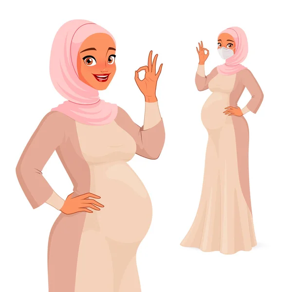 Happy pregnant Muslim woman showing OK. Vector character. — Stock Vector