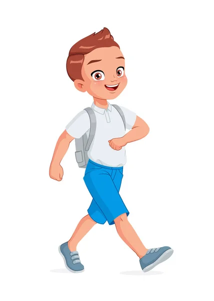 Feliz chico de la escuela caminando. Dibujos animados vector ilustración. — Vector de stock