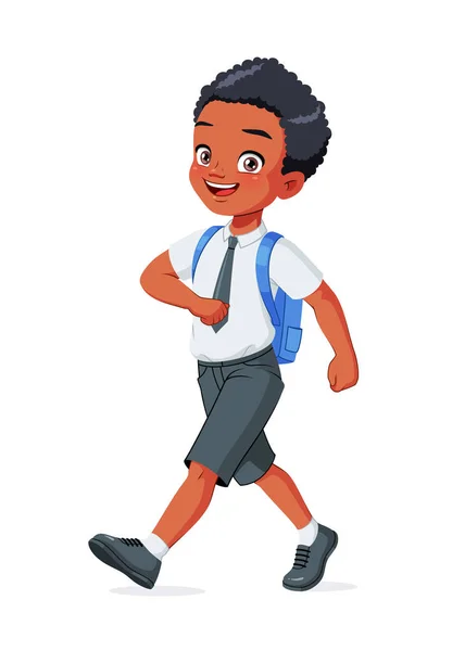 Feliz chico negro de la escuela caminando. Dibujos animados vector ilustración. — Vector de stock