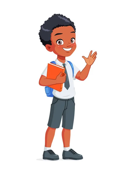 Saludo del chico de la escuela afroamericana. Dibujos animados vector ilustración. — Vector de stock