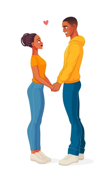Glückliches afroamerikanisches verliebtes Paar Händchen haltend. Isolierte Vektorillustration. — Stockvektor