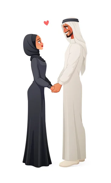 Šťastný arabský pár v lásce, držící se za ruce. Izolovaná vektorová ilustrace. — Stockový vektor