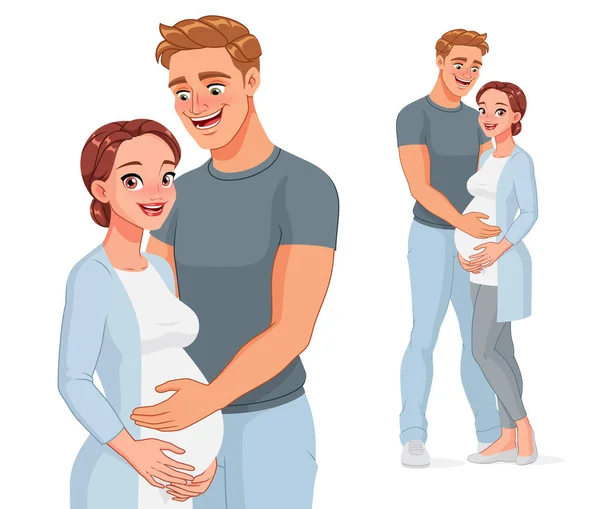 Glücklicher Mann mit Bauch seiner schwangeren Frau. Vektorillustration. — Stockvektor