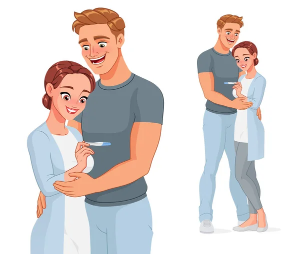 Счастливая беременная пара с тестом на беременность. Векторная иллюстрация. — стоковый вектор