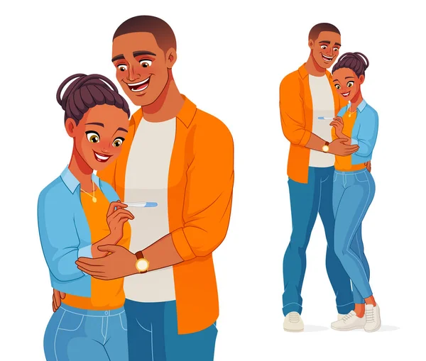 Felice coppia afroamericana incinta con test di gravidanza. Illustrazione vettoriale. — Vettoriale Stock