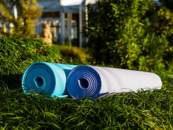Two yoga Mat on green grass with copy space. The concept of a healthy lifestyle. Yoga or physical education classes in the fresh air, in the Park or in nature. Yoga for two, pair yoga.