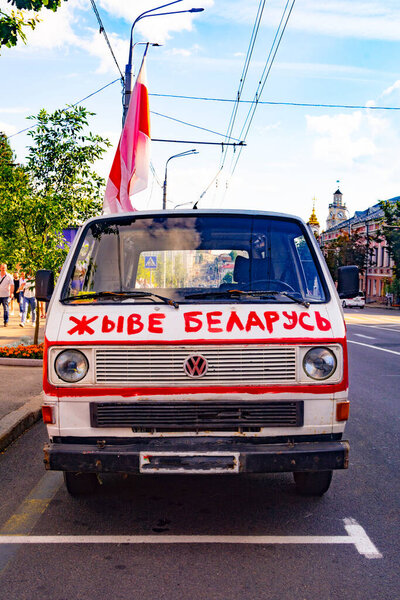 Vitebsk, Belarus - August 16, 2020 : A car with the inscription LIVES BELARUS, the rally in Vitebsk Belarus