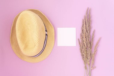 Pembe arka planda hafif hasır şapka ve kır çiçekleri. Yaz konsepti. Düz yatıyordu