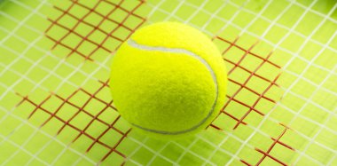 Yeşil arka planda raketi olan bir tenis topu. Spor konsepti.