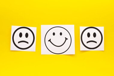 Mutlu yüz ve sarı arka planda üzgün yüz. Pozitif düşünce konsepti.