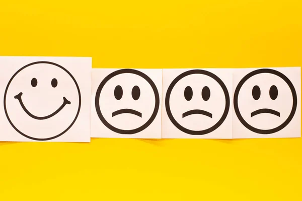 happy face and sad face on yellow background. Positive thinking concept.