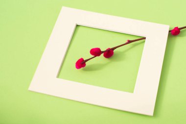 Yeşil arka planda boyalı bir söğüt dalı. Paskalya. Bahar konsepti