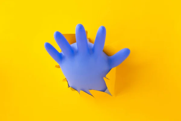 Guantes Inflados Azules Sobre Fondo Amarillo Atención Médica — Foto de Stock