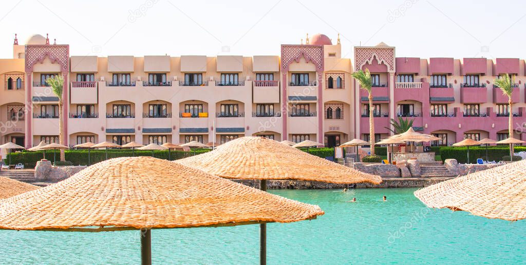 HURGADA, EGYPT-SEPTEMBER 15, 2021: Four-star all-inclusive hotel, Hurgada