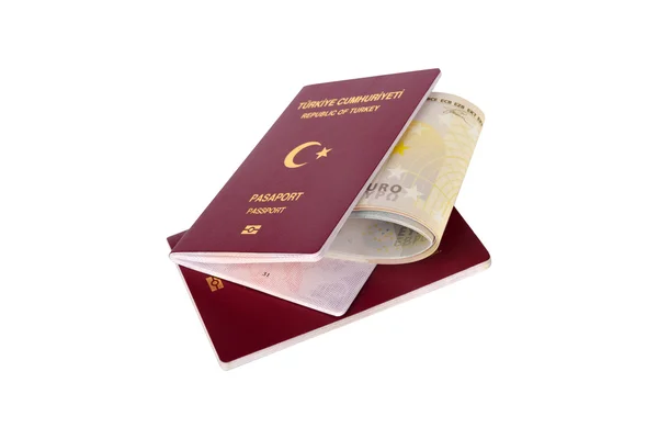 Notas de Passaporte e Euro Dinheiro — Fotografia de Stock