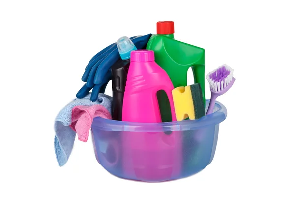 Bottiglie detergenti per la pulizia nel carrello — Foto Stock