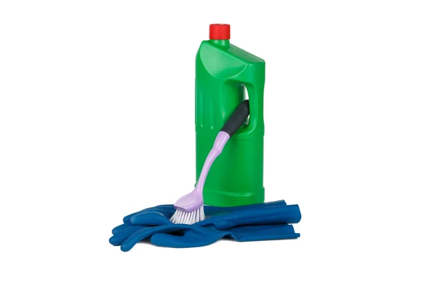 Detergente, escova e luva de borracha — Fotografia de Stock