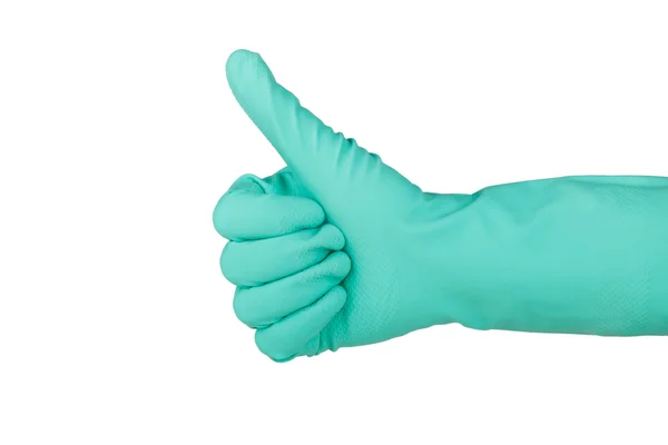 Hand med gummi handske Ok tecken — Stockfoto