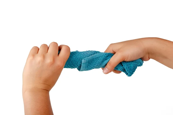 Serviette de nettoyage de tissu tenant les mains — Photo