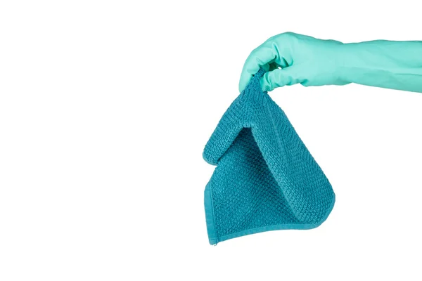 Manos con guante de goma y toalla — Foto de Stock