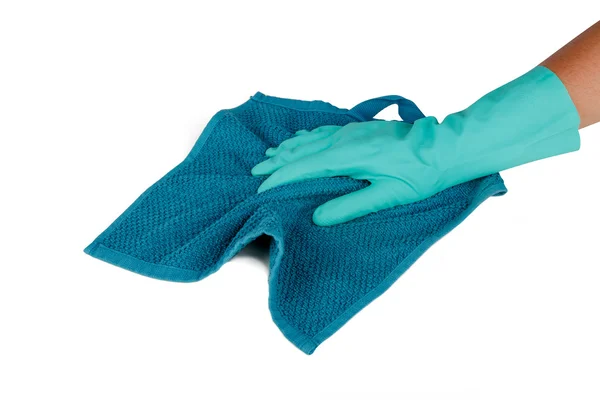 Handen met rubberen handschoen en handdoek — Stockfoto