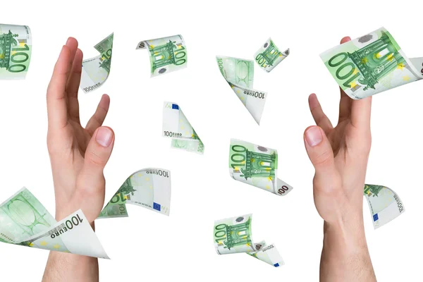 Euro Banknotes Falling on Young Male Hands — Stock Photo, Image