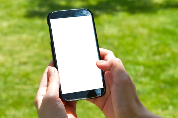 Vrouwelijke Hand vinger aanraken van slimme telefoon — Stockfoto