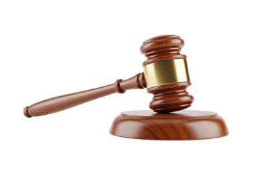 3d rendering of a wooden judges gavel with a shiny brass band resting on its sound block, isolated on white background, symbolizing justice, authority, and legal decision making