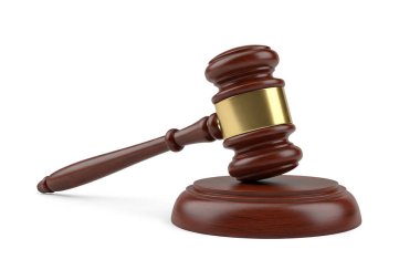 3d rendering of a wooden judges gavel with a shiny brass band resting on its sound block isolated on white background symbolizing justice authority and legal decision making