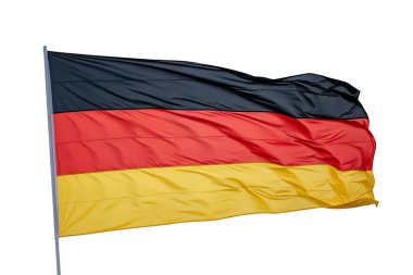 Alman bayrağının rüzgarda dalgalanan metal bir direğe bağlı olarak, beyaz arka planda izole edilmiş, ulusal gurur, özgürlük ve egemenliği temsil eden 3D görüntüsü.