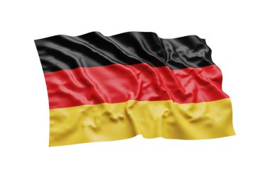 Alman ulusal bayrağının rüzgarda dalgalanan 3 boyutlu görüntüsü pürüzsüz kumaş kıvrımlarıyla, beyaz arka planda izole edilmiş, Almanya 'nın birlik, gurur ve gücünü simgeliyor.