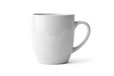 Markalaşma veya ürün modelleme sunumu için beyaz bir arkaplanda izole edilmiş parlak beyaz seramik kupanın 3d görüntülenmesi.