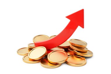 Çubuk grafik biçiminde düzenlenmiş üç boyutlu altın sikke yığınları, beyaz arka planda finansal büyüme ve yatırım başarısını gösteren büyük kırmızı uçlu bir ok şeklinde..
