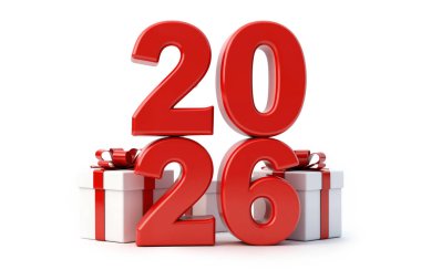 Beyaz hediye kutularıyla çevrili 3D cesur kırmızı 2026 numaraları, yeni yıl kutlamalarını, tatil sürprizlerini ve yıldönümlerini simgeliyor..