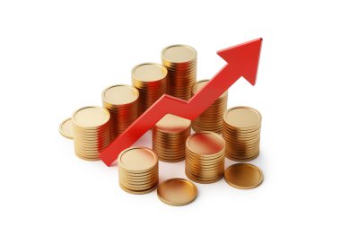 Yukarı doğru yükselen parlak kırmızı bir ok içeren üç boyutlu altın para yığınlarının hazırlanması, olumlu mali büyüme, piyasa düzelmesi, yatırım kazançları ve ekonomik refahı temsil etmektedir.