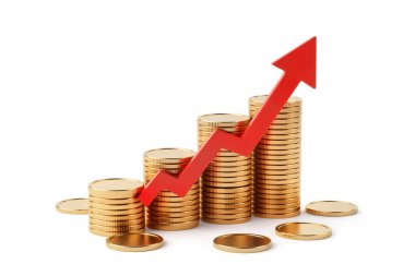 Yükselen bir çubuk grafik biçiminde, ekonomik başarıyı, kar artışını ve finansal yatırım artışını sembolize eden kırmızı bir okla 3D yığın altın sikke hazırlama.