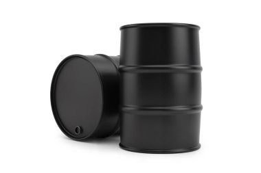 Üç boyutlu siyah sanayi fıçıları ve bir tanesi yan yatıyordu. Beyaz üzerine izole edilmiş kimyasal sızıntı veya depolama kavramı.