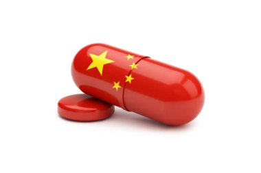 Çin bayrağı ile damgalanmış kırmızı bir tıbbi kapsül ve yuvarlak tabletin 3 boyutlu çizimi, ulusal sağlık sistemini, ilaç endüstrisini ve Çin 'den küresel ilaç ihracatını temsil ediyor..