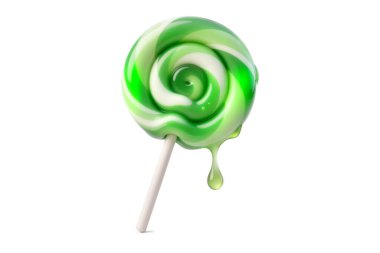 3 boyutlu canlı gökkuşağı ve yeşil girdaplı lolipopların gerçekçi bal ve limon şurubu damlaları ile besin kavramları için beyaz arka planda izole edilmiş kenarlardan erimesi..