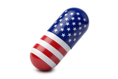 Amerika Birleşik Devletleri sağlık endüstrisini, yerli tıp üretimini ve ulusal sağlık sektörünü temsil eden, Amerikan bayrağı ve sade beyaz bir bölümün 3D bir ilaç kapsülünün hazırlanması.