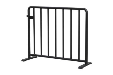 Siyah, toz kaplı metal güvenlik bariyerinin ya da kalabalığın kontrol bariyerinin, saf beyaz arka planda izole edilmiş, dikey parmaklıkların oluşturulduğu 3D görüntüsü..